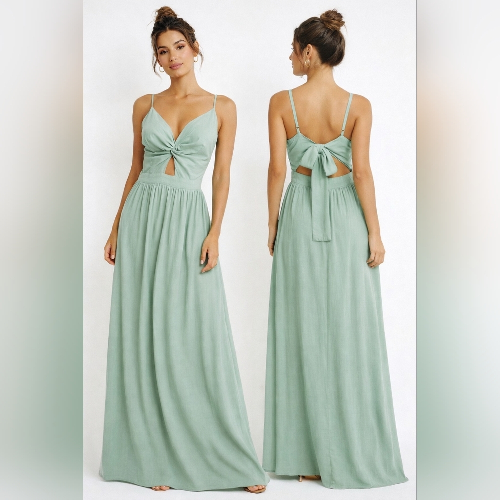 Cupshe Sage Green Maxi Dress L Twist Front Open Back 100% Rayon‎ NWT